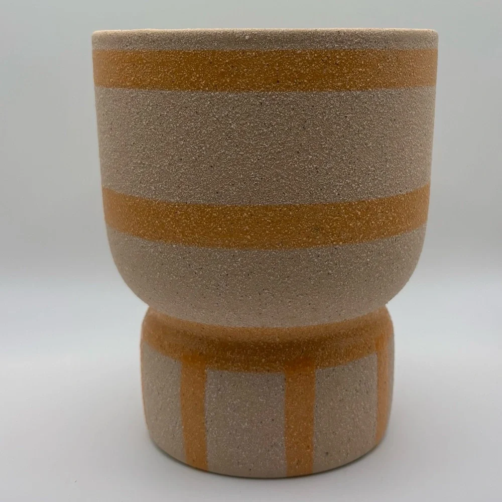 Stoneware Textured Pedestal Planter Pot Vase Orange & Beige Tan Stripes Neutral
